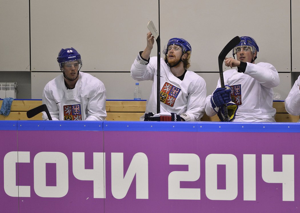 David Krejčí, Jakub Voráček a Tomáš Kaberle na tréninku české hokejové reprezentace v Soči