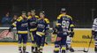 Šumperští hokejisté se radují z gólu v baráži o první ligu