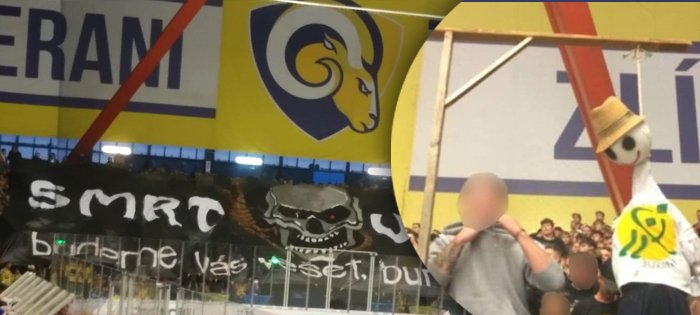 V sektoru fanoušků Zlína se objevil nevhodný transparent i oběšený panák s logem Vsetína