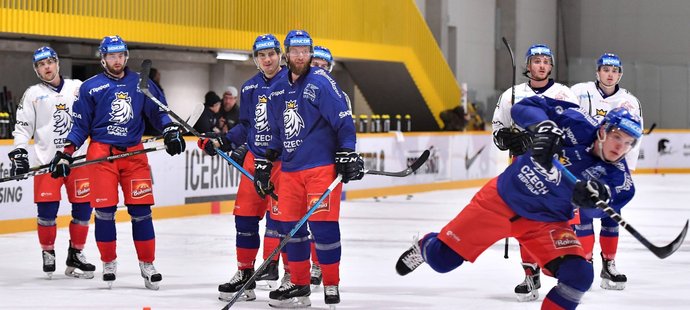 Čeští hokejisté při prvním tréninku před odletem na Channel One Cup
