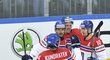 Čeští hokejisté se radují z prvního gólu do sítě Dánska v utkání A skupiny na MS v Rusku