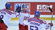 Čeští hokejisté oslavují gól do sítě Německa