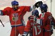 Čeští hokejisté (zleva) Lukáš Kovář, Vladimír Svačina a střelec Tomáš Vincour se radují z gólu proti Norsku