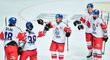 Čeští hokejisté oslavují branku Jakuba Fleka do ruské sítě