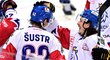Čeští hokejisté se radují z gólu Andreje Šustra v přípravném zápase proti Slovensku