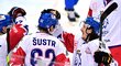 Čeští hokejisté se radují z gólu Andreje Šustra v přípravném zápase proti Slovensku