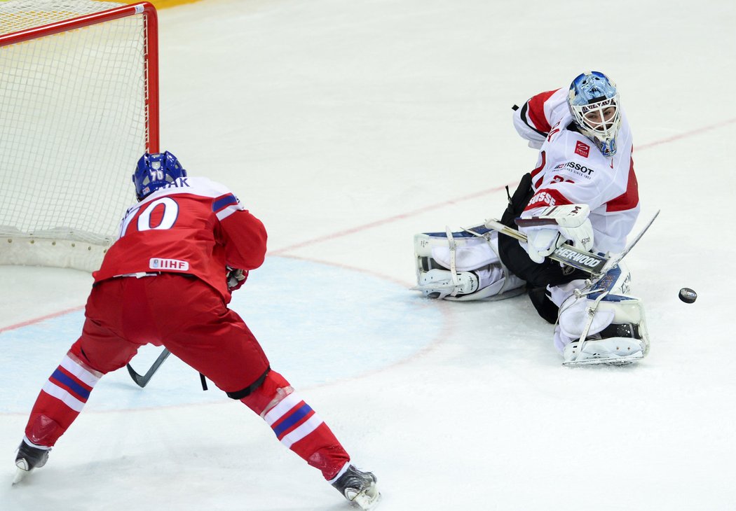 Český reprezentant Radek Smoleňák a švýcarský brankář Reto Berra.