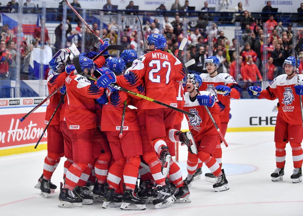 Česká radost z vítězství nad Ruskem na domácím mistrovství světa dvacítek