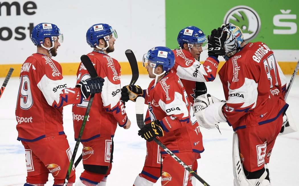 Čeští hokejisté děkují brankáři Bartošákovi po výhře nad Švédskem na úvod Karjala Cupu