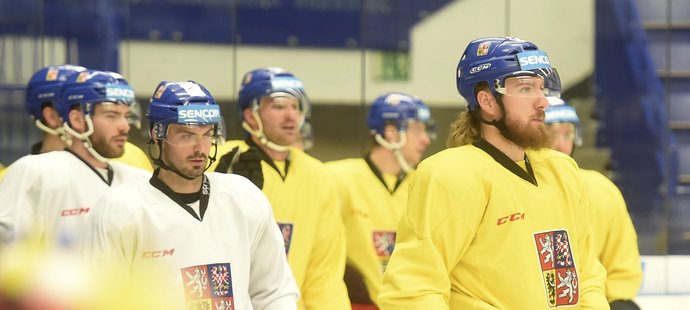 Čeští hokejisté při tréninku v Ostravě před dvěma zápasy proti Rusku. Vpravo Lukáš Kašpar.