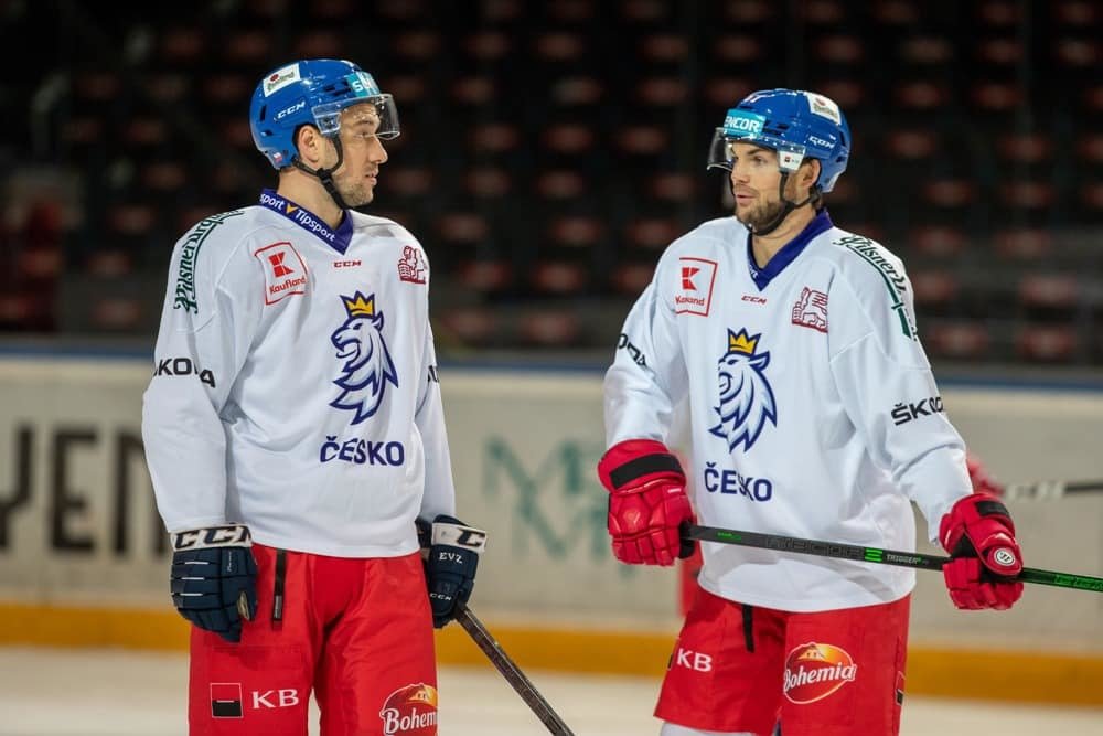 Zkušení reprezentanti Jan Kovář (vlevo) a Michael Frolík na tréninku národního týmu