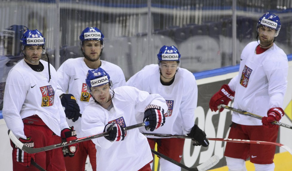 (zleva) Jaromír Jágr, Vladimír Sobotka, Ondřej Němec, Tomáš Hertl a Jakub Kindl na rozbruslení před zápasem s Itálií