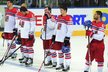 Smutní čeští hokejisté po porážce s Finskem: (zleva) Michal Jordán, Tomáš Hertl, Ondřej Němec, Jan Kovář a Jan Kolář