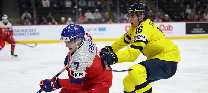 Český obránce Jakub Fibigr ve finále šampionátu proti Švédsku