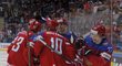 Hokejisté Ruska oslavují gól do sítě Lotyšska