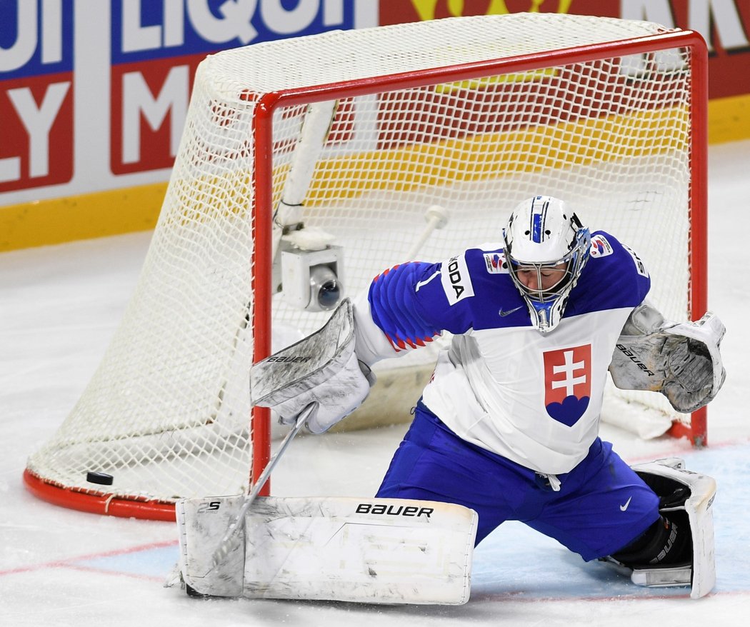 Slovenský brankář Marek Čiliak likviduje českou šanci