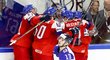 Čeští hokejisté objímají střelce vyrovnávací branky Martina Nečase, který srovnal skóre deset vteřin před koncem