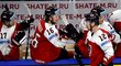 Rakušan Michael Raffle z Philadelphia Flyers oslavuje první vstřelenou branku na mistrovství světa v Dánsku