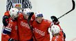 Norští hokejisté se radují ze vstřelené branky