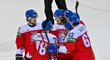 Čeští hokejisté se radují ze vstřelené branky obránce Libora Šuláka (uprostřed)