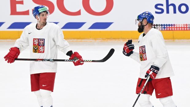 Roman Červenka si povídá s Radko Gudasem na prvním českém tréninku v O2 areně před MS Roman Červenka si povídá s Radko Gudasem na prvním českém tréninku v O2 areně před MS