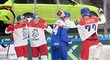 Čeští hokejisté slaví branku do sítě Slovenska
