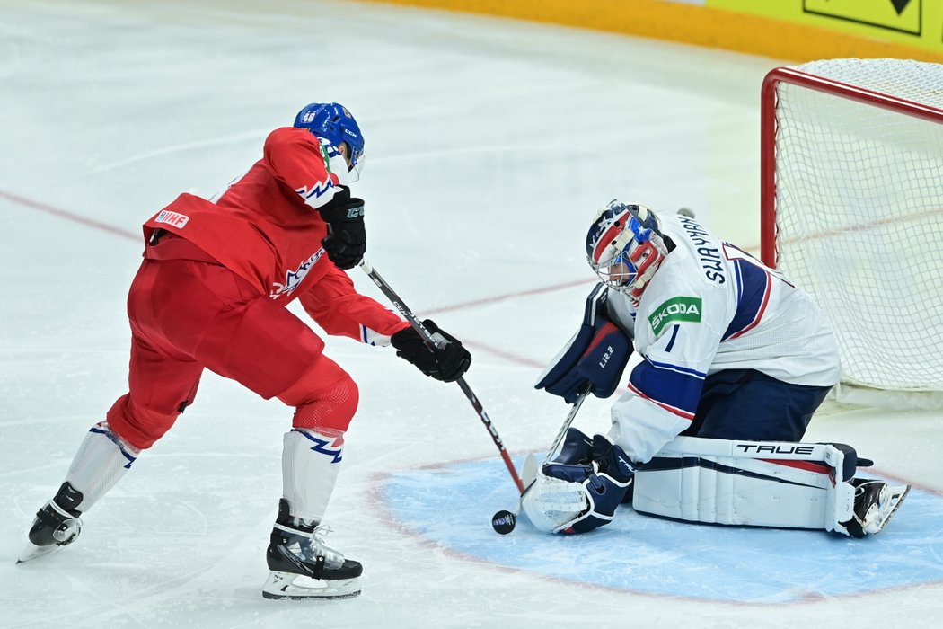 Český útočník Tomáš Hertl v šanci před brankářem USA Jeremym Swaymanem