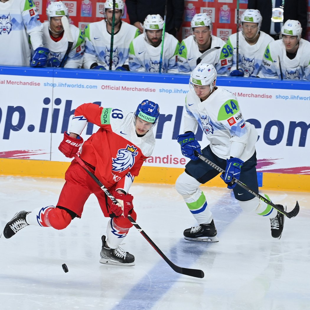 Český útočník Dominik Kubalík v duelu proti Slovinsku