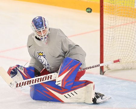 Na tréninku hokejové reprezentace před utkáním proti Slovinsku nechyběl brankář Karel Vejmelka