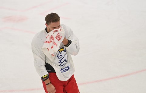 Zkrvavený Jiří Smejkal odjíždí z ledu během tréninku před startem MS
