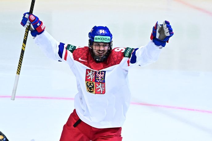 Český útočník Jakub Lauko slaví první gól na mistrovství světa Český útočník Jakub Lauko slaví první gól na mistrovství světa