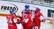 Čeští hokejisté se radují z vítězství nad Ruskem 4:0