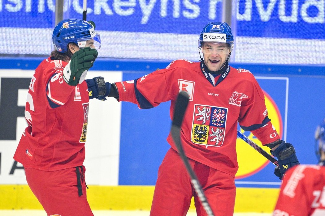 Radan Lenc (vpravo) se raduje z úvodní trefy utkání proti Švédsku