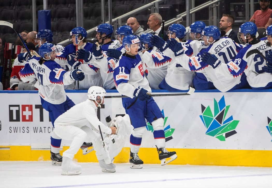 Slovenští hokejisté se radují z druhé trefy proti Česku, kterou zařídil Matej Kašlík