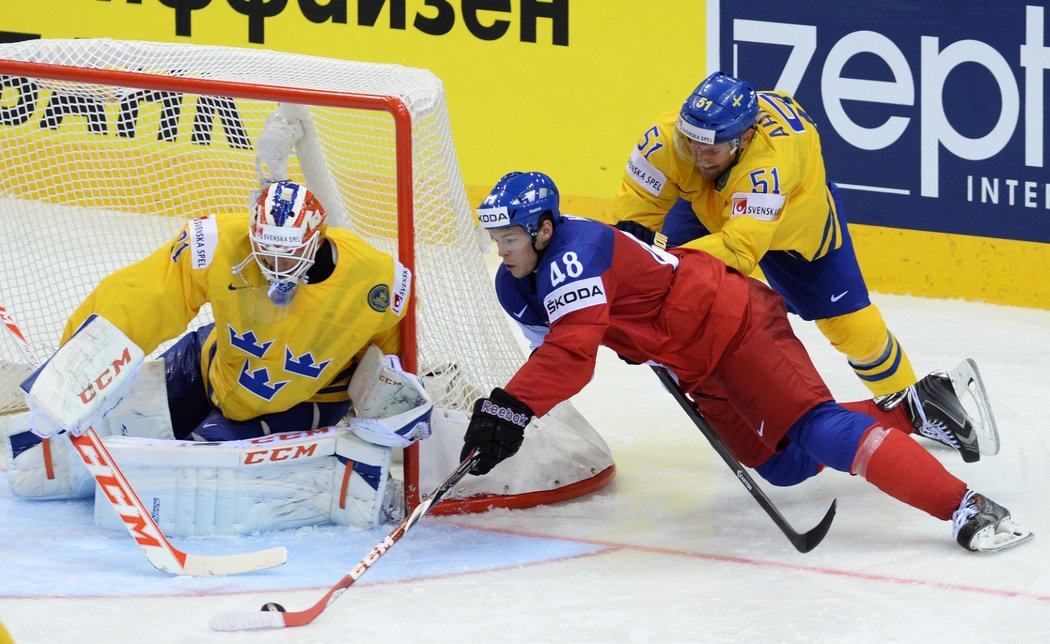 Tomáš Hertl se snaží zakončit před Andersem Nilssonem