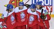 Čeští hokejisté se radují z první branky Jakuba Vrány