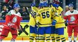 Švédští hokejisté se radují z využité přesilovky 5 na 3