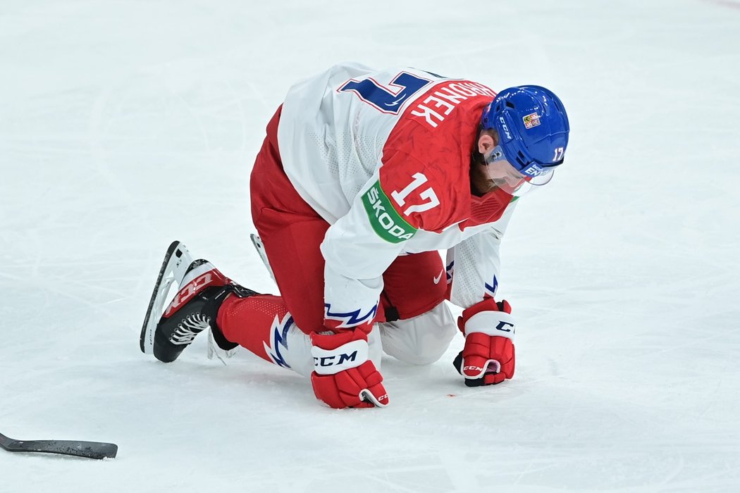 Filip Hronek dostal ve třetí třetině ránu pukem do obličeje