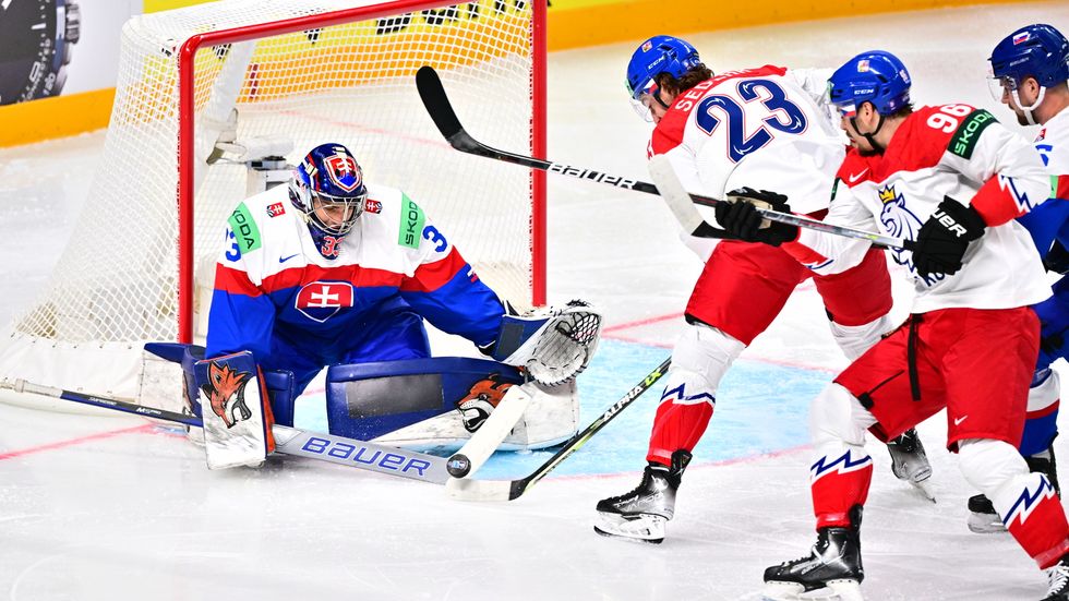 Lukáš Sedlák před slovenským brankářem Stanislavem Škrovánkem