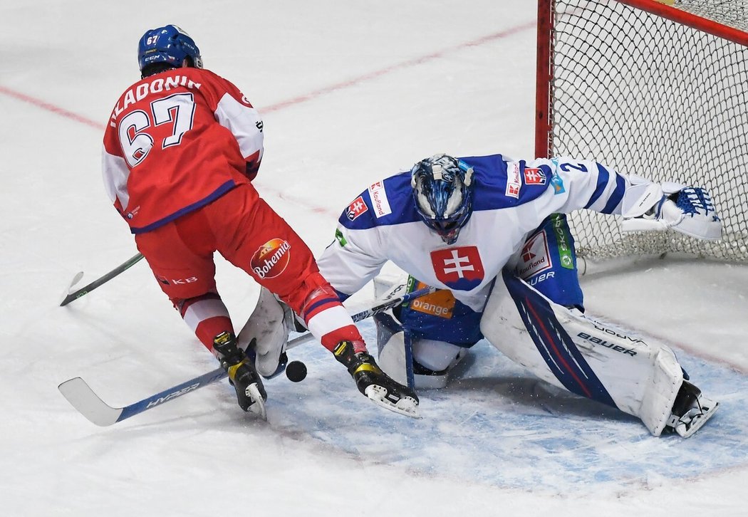 Slovenský brankář Matej Tomek likviduje trestné střílení českého útočníka Jana Hladonika