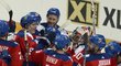 Čeští hokejisté slaví vítězství nad Ruskem v nájezdem v přípravném zápase před Světovým pohárem