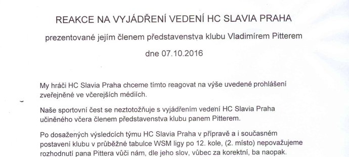 Sobotní tiskové prohlášení hráčů HC Slavia Praha