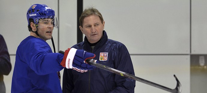 Jaromír Jágr a Alois Hadamczik během tréninku na olympiádě v Soči