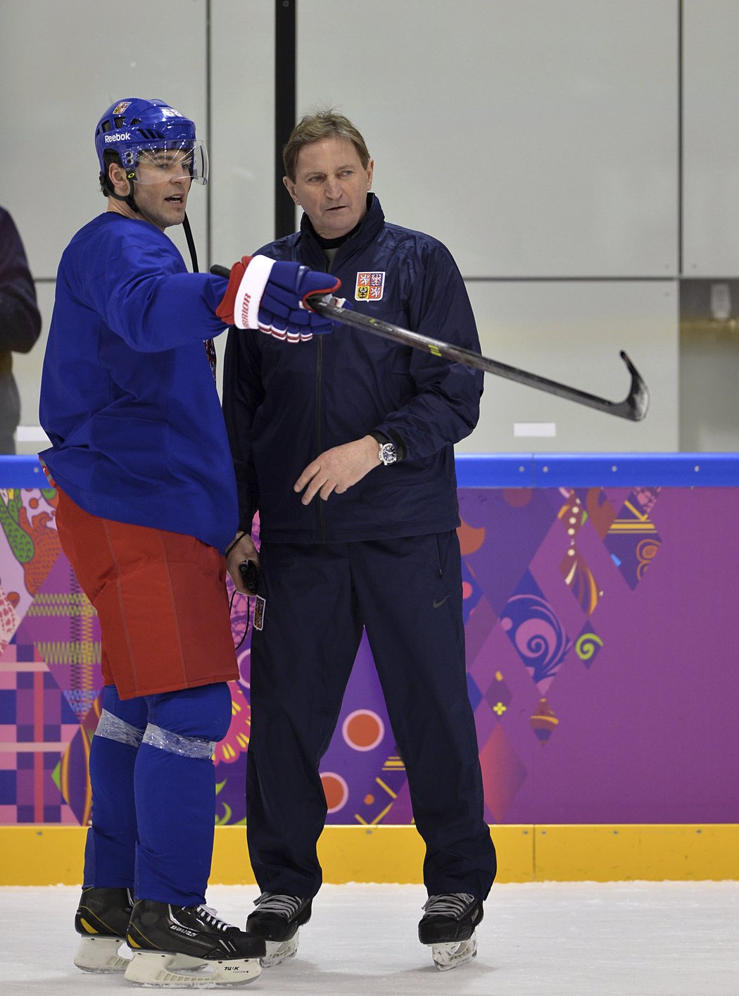 Jaromír Jágr a Alois Hadamczik během tréninku na olympiádě v Soči