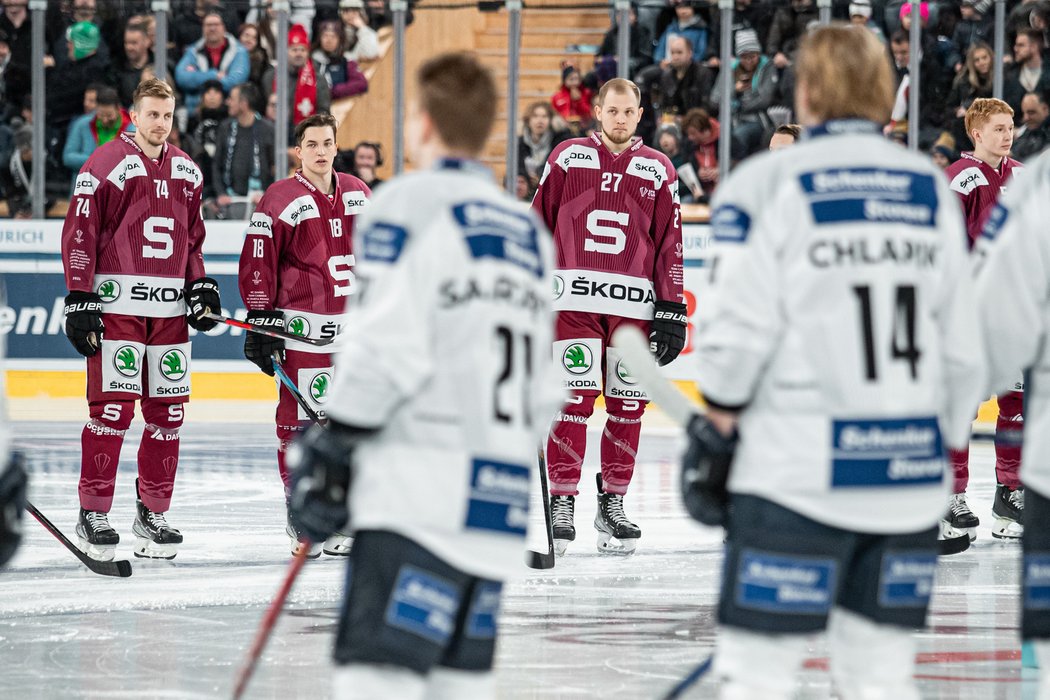 Daniel Přibyl, Martin Böhm a Ostap Safin před finále Spengler Cupu