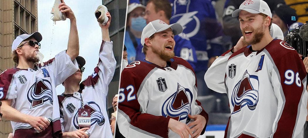 Finové z Colorada Mikko Rantanen a Artturi Lehkonen oslavy pořádně rozjeli