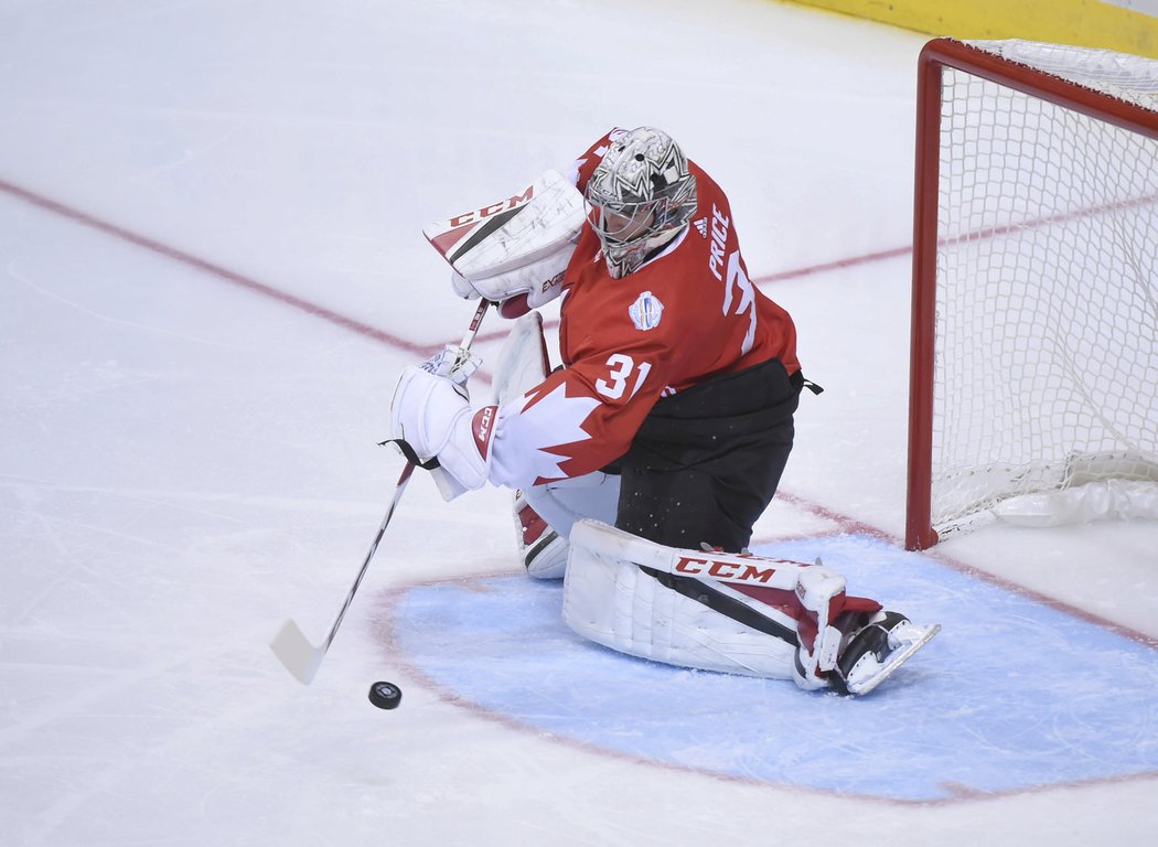 Kanadský brankář Carey Price předvedl v prvním finále proti Evropě řadu těžkých zákroků