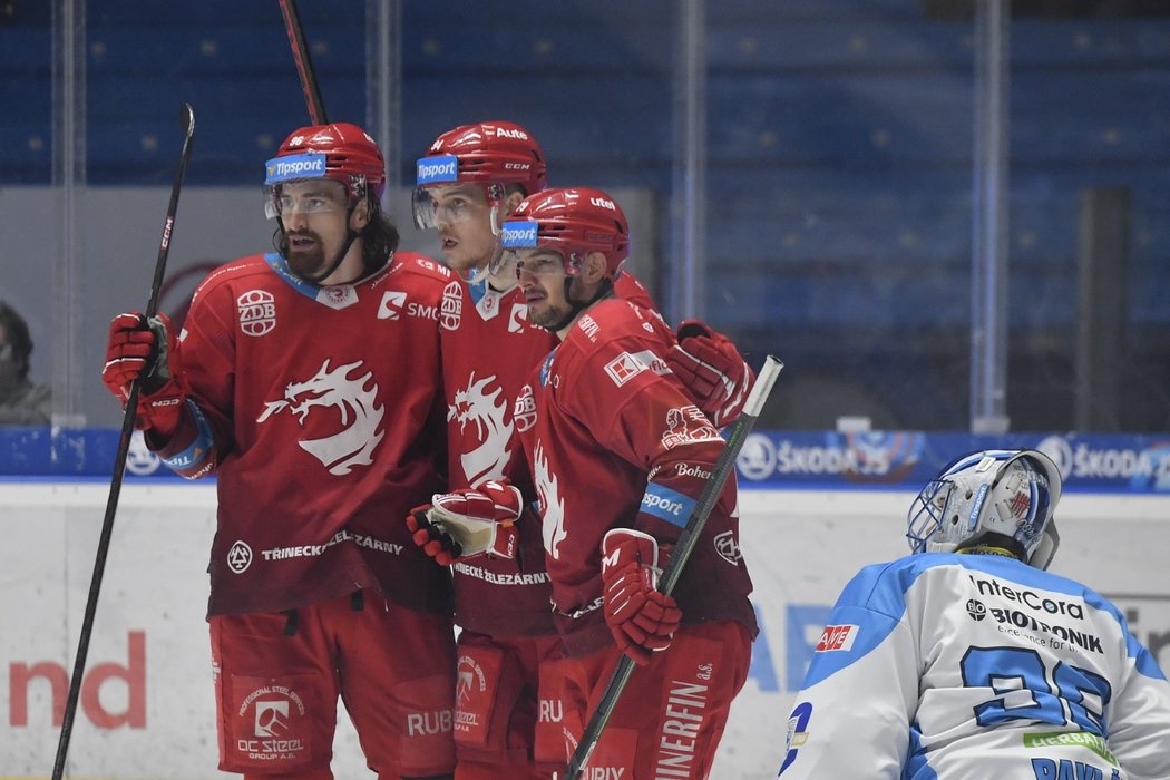 Třinečtí hokejisté se radují z trefy do sítě Plzně