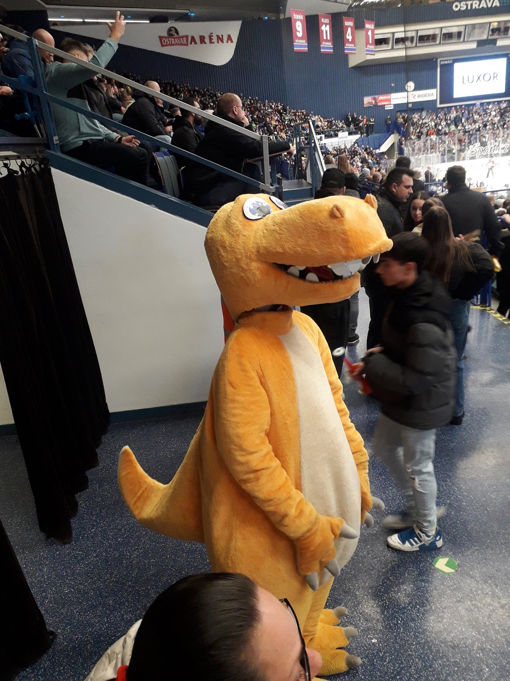 Na utkání Vítkovic s Kladnem dorazil i dinosaurus, kostým patřil maskotovi jednoho z klubových partnerů