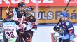 Hokejisté Sparty se radují ze vstřeleného gólu v utkání s Kladnem